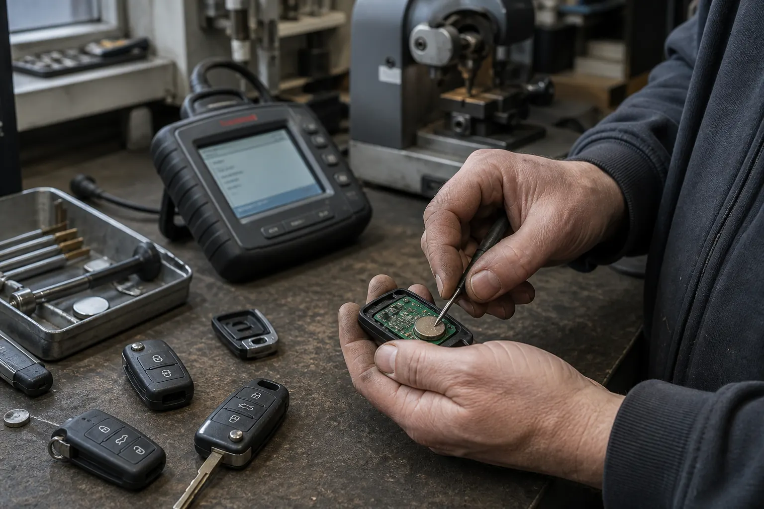 Hände reparieren einen Autoschlüssel auf der Werkbank – Gehäuse geöffnet, Programmiergerät daneben